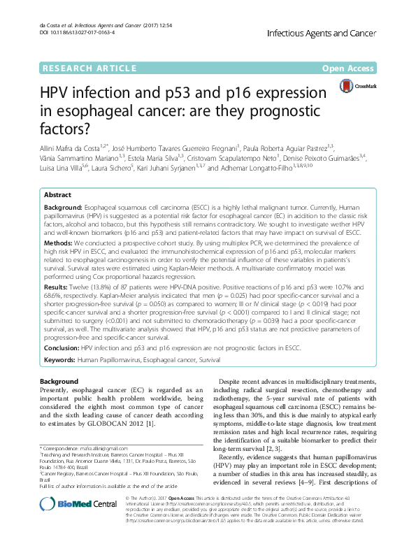 (PDF) HPV infection and p53 and p16 expression in esophageal cancer ...