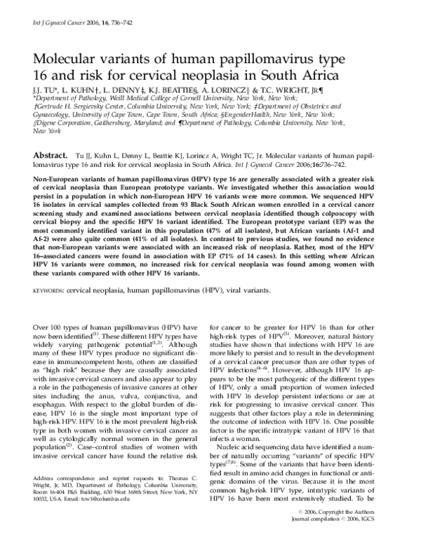(PDF) Molecular variants of human papillomavirus type 16 and risk for ...