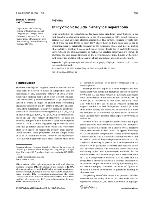 (PDF) Utility of ionic liquids in analytical separations