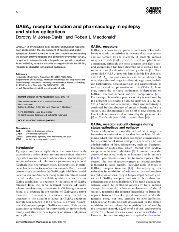(PDF) GABA receptor function and pharmacology in epilepsy and status ...