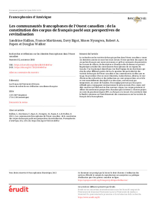 (PDF) Les communautés francophones de l’Ouest canadien : de la ...