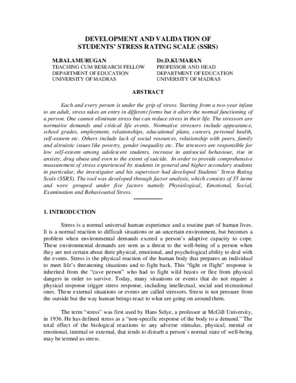 (PDF) DEVELOPMENT AND VALIDATION OF STUDENTS' STRESS RATING SCALE (SSRS)