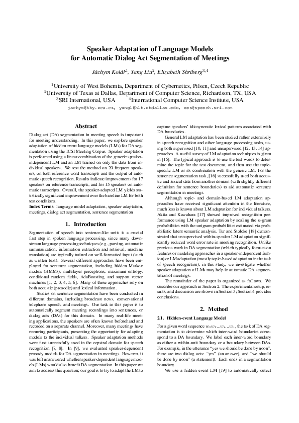 (PDF) Speaker Adaptation of Language Models for Automatic Dialog Act ...