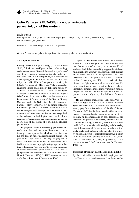 (PDF) Colin Patterson (1933 1998): a major vertebrate palaeontologist ...