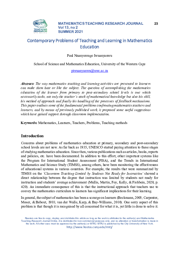 (PDF) Contemporary Problems of Teaching and Learning in Mathematics ...