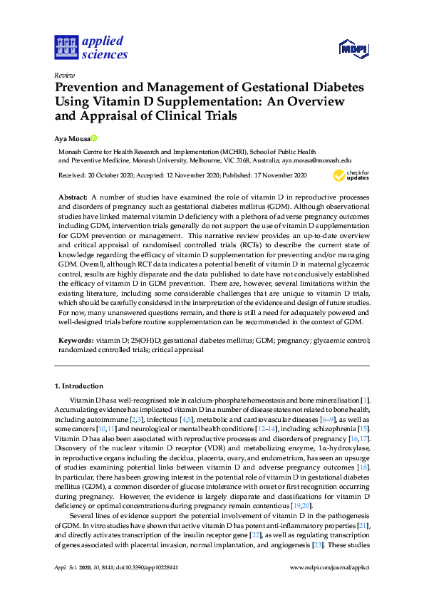 (PDF) Prevention and Management of Gestational Diabetes Using Vitamin D