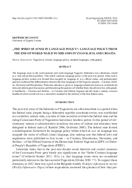 „The spirit of AVNOJ in language policy“: language policy from the end of World War II to mid-1950s in Yugoslavia and Croatia