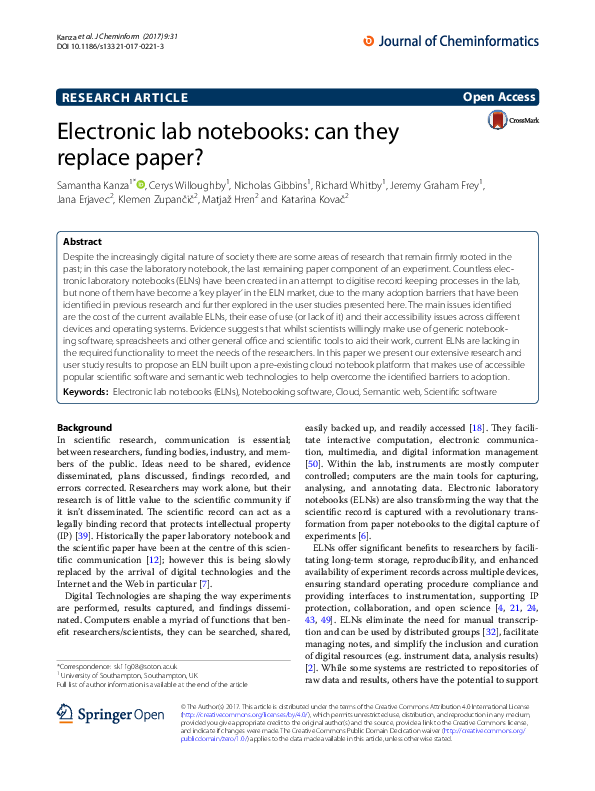 (PDF) Electronic lab notebooks can they replace paper? Klemen