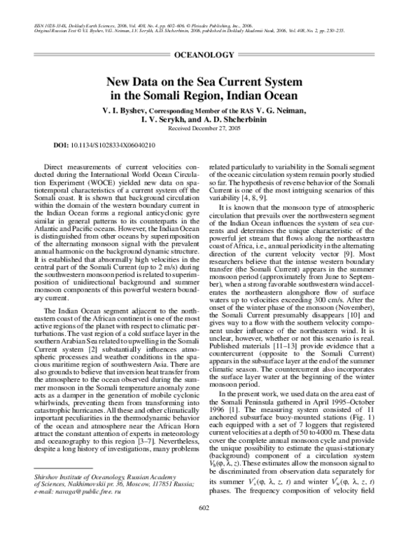 (PDF) New data on the sea current system in the Somali region, Indian Ocean