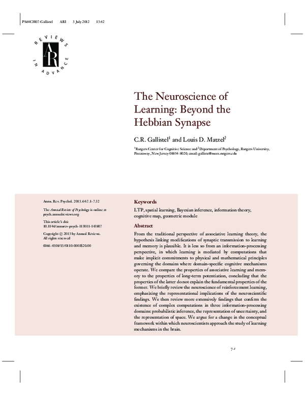 (PDF) The Neuroscience of Learning: Beyond the Hebbian Synapse