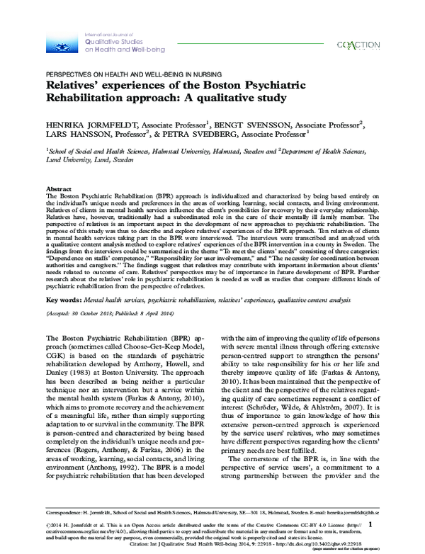(PDF) Relatives' experiences of the Boston Psychiatric Rehabilitation approach a qualitative