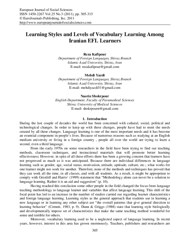 (PDF) Learning styles and vocabulary levels of Iranian EFL learners