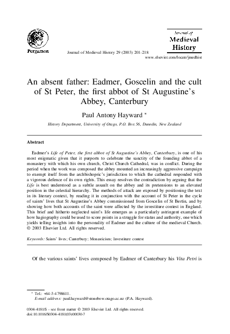 An absent father: Eadmer, Goscelin and the cult of St Peter, the first abbot of St Augustine's Abbey, Canterbury
