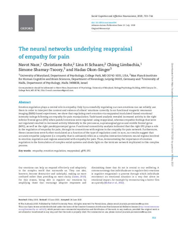 (PDF) The neural networks underlying reappraisal of empathy for pain