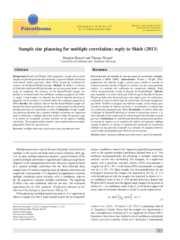 (PDF) Sample size planning for multiple correlation: eply to Shieh (2013)