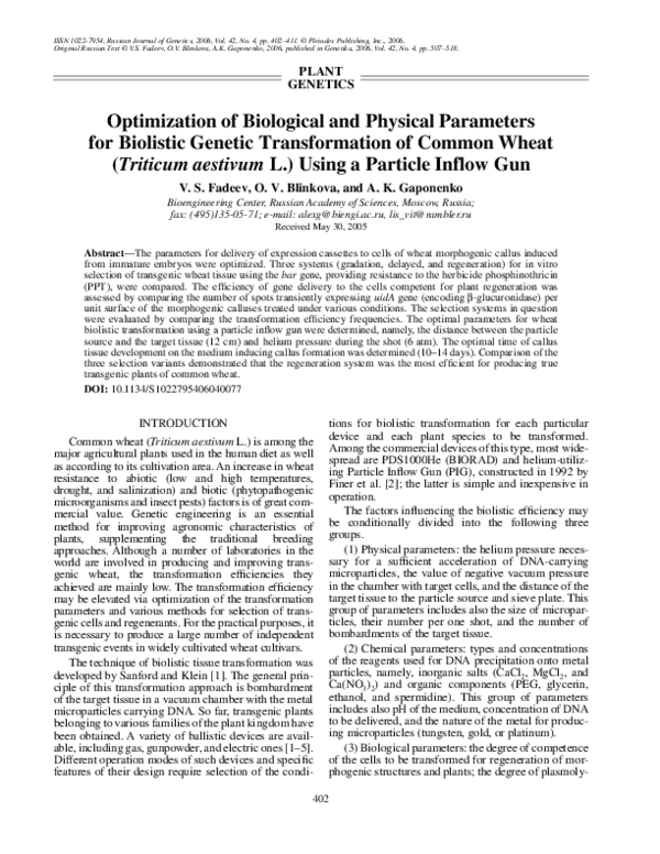 (PDF) Optimization of biological and physical parameters for biolistic ...