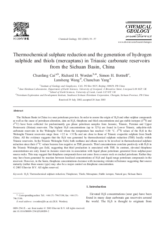 (PDF) Thermochemical sulphate reduction and the generation of hydrogen ...