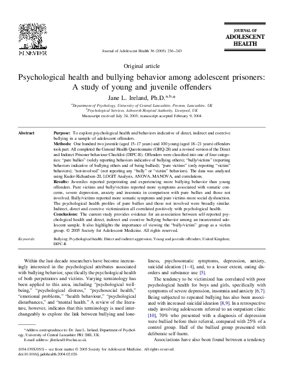 (PDF) Psychological health and bullying behavior among adolescent ...