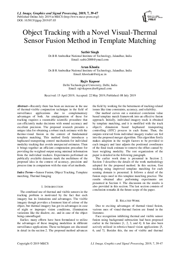 (PDF) Object Tracking with a Novel Visual-Thermal Sensor Fusion Method ...