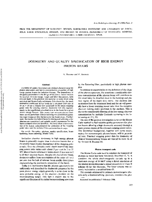 (PDF) Dosimetry and Quality Specification of High Energy Photon Beams