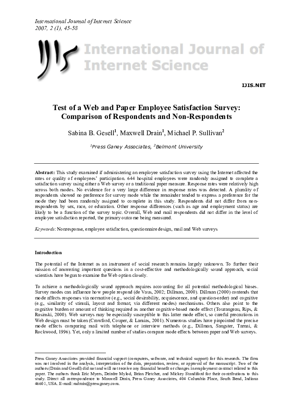 (PDF) Test of a Web and Paper Employee Satisfaction Survey: Comparison ...