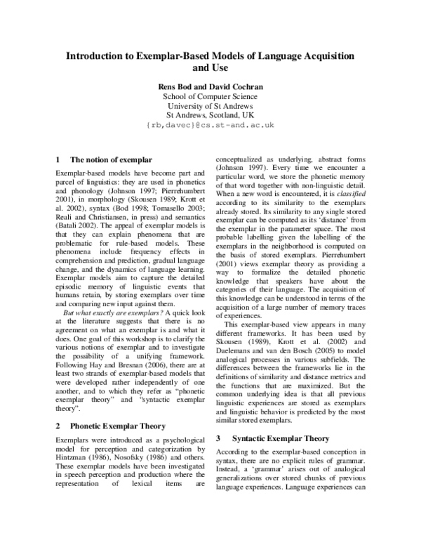 (PDF) Introduction to Exemplar-Based Models of Language Acquisition and Use