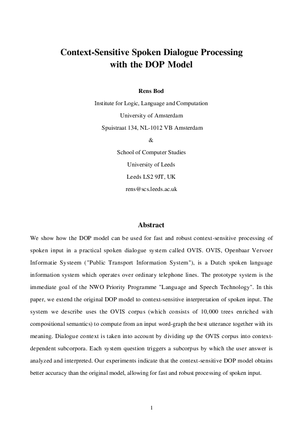 (PDF) Context-sensitive spoken dialogue processing with the DOP model