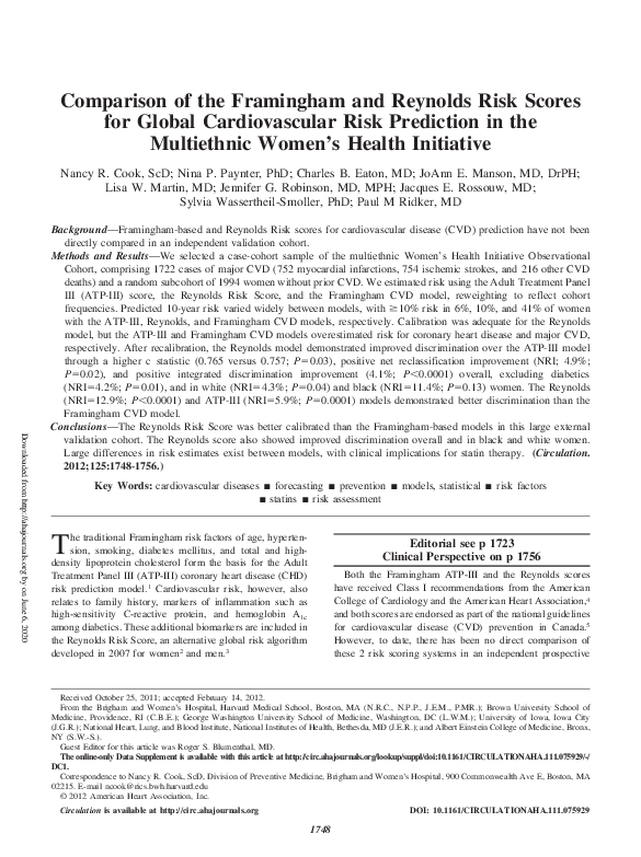 (PDF) Comparison of the Framingham and Reynolds Risk Scores for Global ...