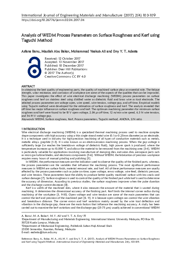 (PDF) Analysis of WEDM Process Parameters on Surface Roughness and Kerf