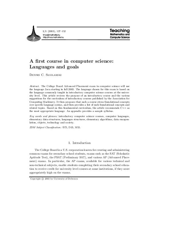 (PDF) A first course in computer science: languages and goals