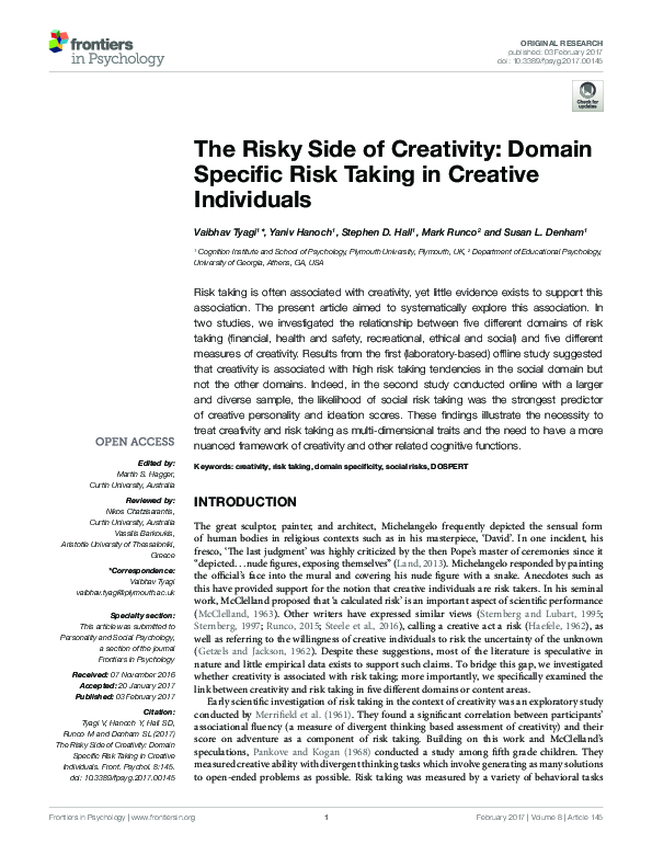 (PDF) The Risky Side of Creativity: Domain Specific Risk Taking in ...