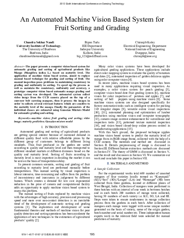 (PDF) An automated machine vision based system for fruit sorting and