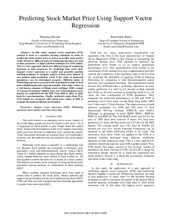 (PDF) Predicting stock market price using support vector regression