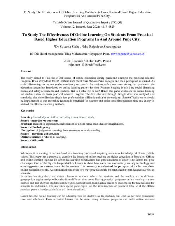 (PDF) To Study The Effectiveness Of Online Learning On Students From ...