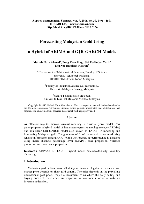 (PDF) Forecasting Malaysian gold using a hybrid of ARIMA and GJR-GARCH ...