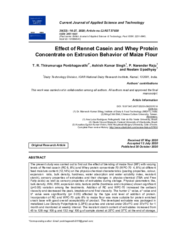 (PDF) Effect of Rennet Casein and Whey Protein Concentrate on Extrusion ...