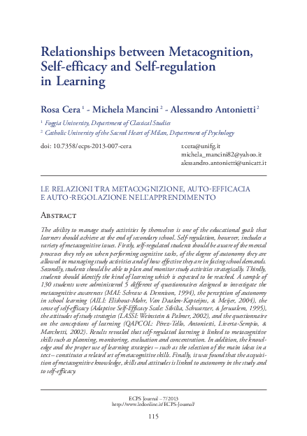 (PDF) Relationships between Metacognition, Self-efficacy and Self ...