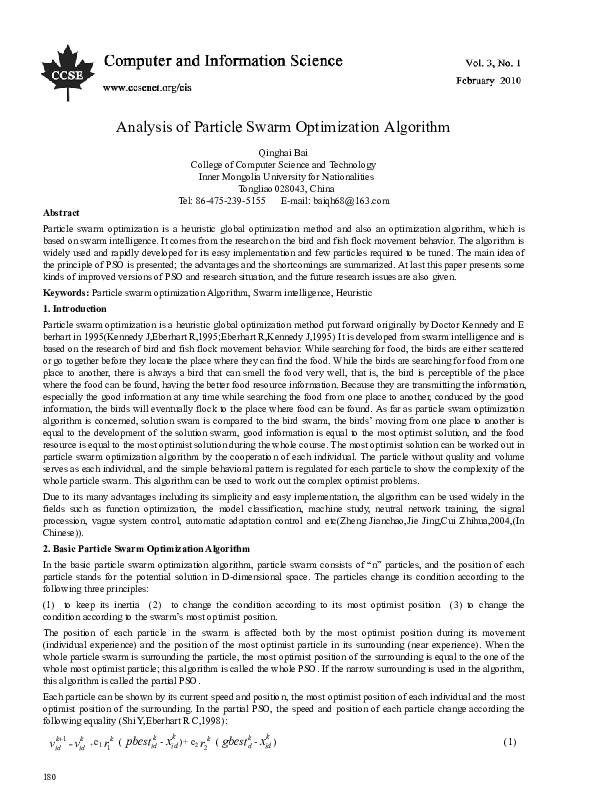 (PDF) Analysis of Particle Swarm Optimization Algorithm