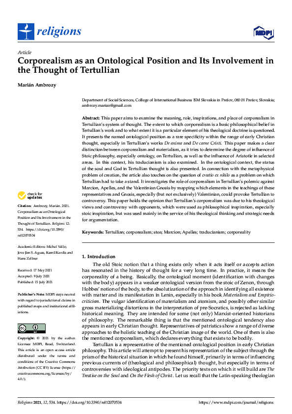 Corporealism as an Ontological Position and Its Involvement in the Thought of Tertullian