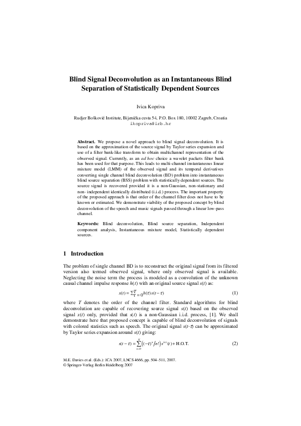 (PDF) Blind Signal Deconvolution as an Instantaneous Blind Separation ...