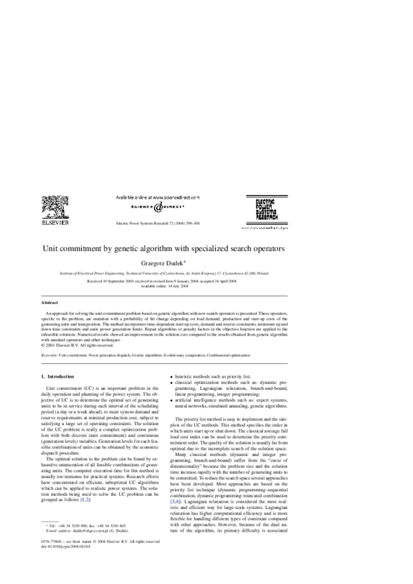 (PDF) Unit commitment by genetic algorithm with specialized search ...
