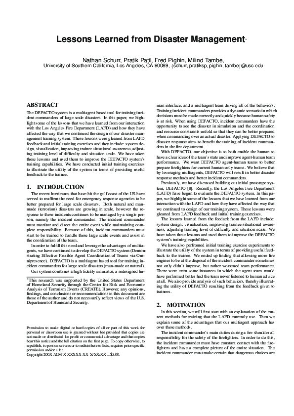 (PDF) Lessons Learned From Disaster Management