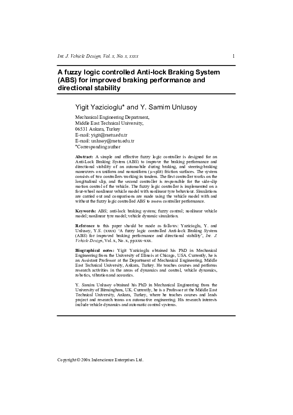 (PDF) A fuzzy logic controlled Antilock Braking System (ABS) for