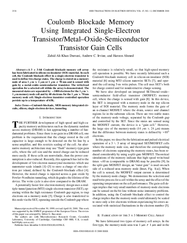 (PDF) Coulomb blockade memory using integrated single-electron ...