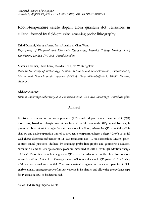 (PDF) Room-temperature single dopant atom quantum dot transistors in ...