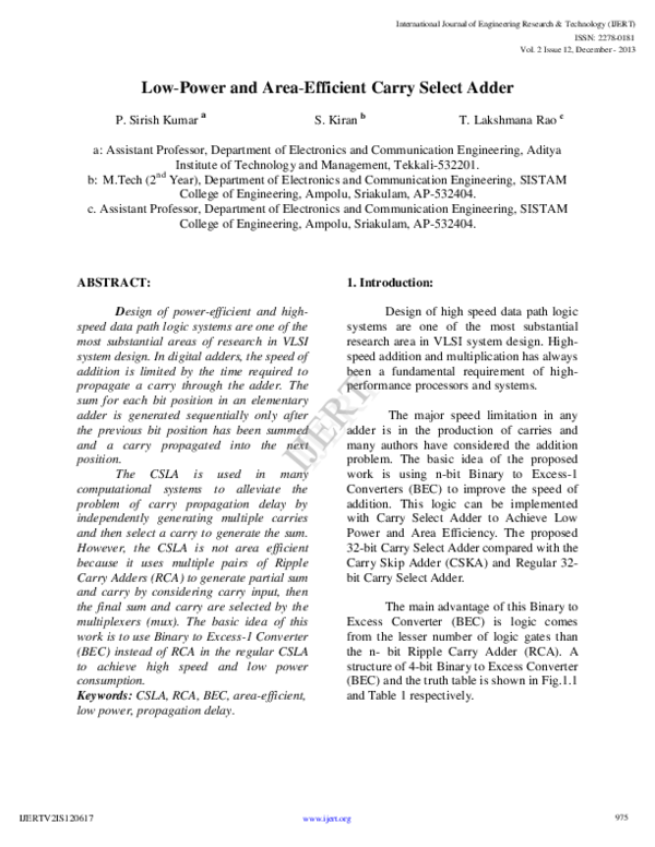 (PDF) Low power and Area Efficient Carry Select Adder