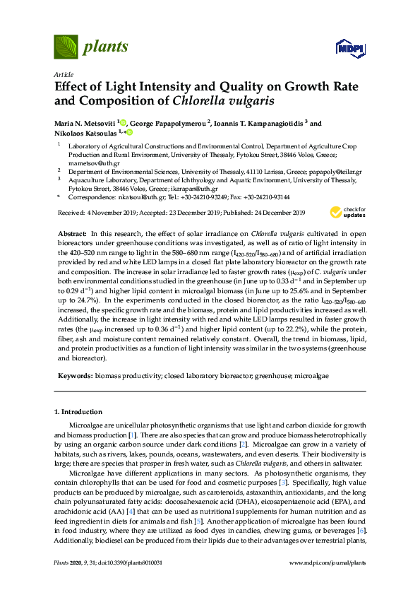 (PDF) Effect of Light Intensity and Quality on Growth Rate and ...