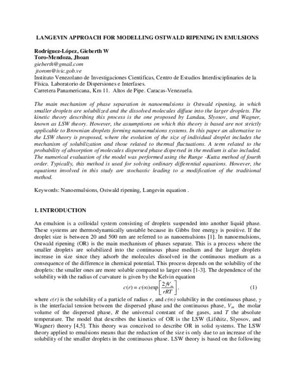 (PDF) Langevin Approach for Modelling Ostwald Ripening in Emulsions