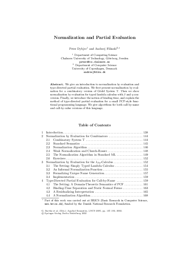 (PDF) Normalization and Partial Evaluation