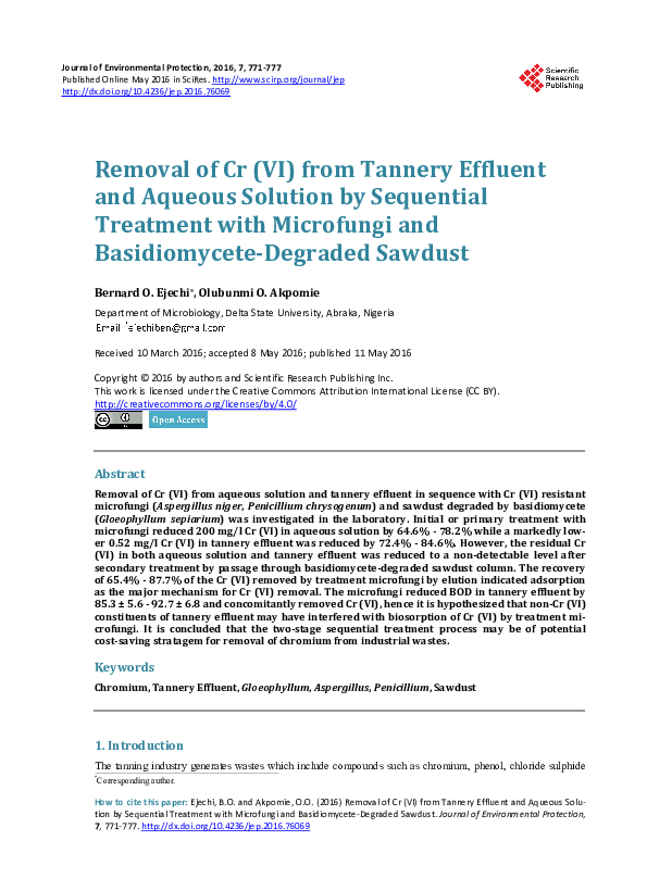 (PDF) Removal of Cr (VI) from Tannery Effluent and Aqueous Solution by ...
